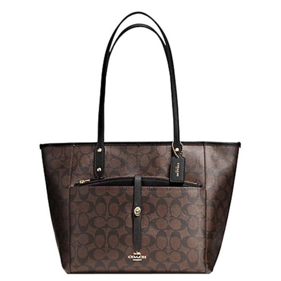 Coach City Signature Brown Black Leather Trim Tote